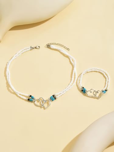 Double Heart Beaded Necklace and Bracelet Set for Women - Boho Jewelry | Interlocked hollow pendant; vibrant turquoise accents; adjustable extender chain; secure lobster clasp; beach vibe