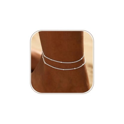 Gold/Silver Ankle Bracelets for Women Waterproof Dainty 14K Gold Plated Pearl Heart Love Anklet Bracelet Satellite Cuban Link Beads Summer Beach Jewelry Gifts - style: Double-layer satellite-silver-019