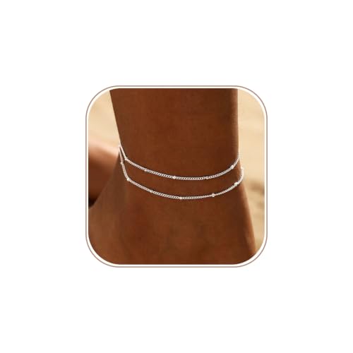 Gold/Silver Ankle Bracelets for Women Waterproof Dainty 14K Gold Plated Pearl Heart Love Anklet Bracelet Satellite Cuban Link Beads Summer Beach Jewelry Gifts - style: Double-layer satellite-silver-019