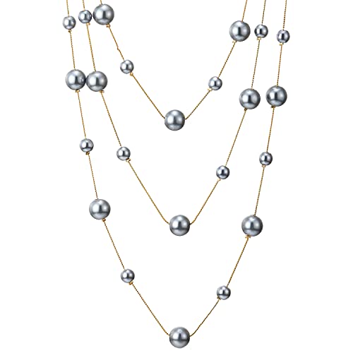 Statement Necklace Three-Strand Long Chains with Synthetic Pearl Beads, Elegant, Dress - color: D-Beads Color: Grey