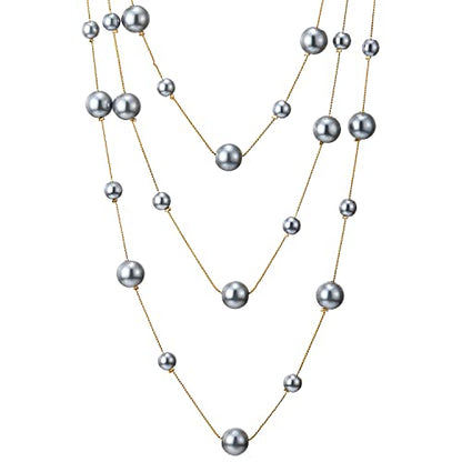 Statement Necklace Three-Strand Long Chains with Synthetic Pearl Beads, Elegant, Dress - color: D-Beads Color: Grey