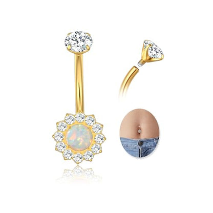 G23 Titanium Belly Button Ring 14G Golden Silvery Belly Ring for Women, Halo Internally Threaded Flower Opal Piercing Jewelry 8/10/12/14mm Barbell with Cubic Zirconia - color: 1PCS-Golden (12MM)-opal inlay CZ