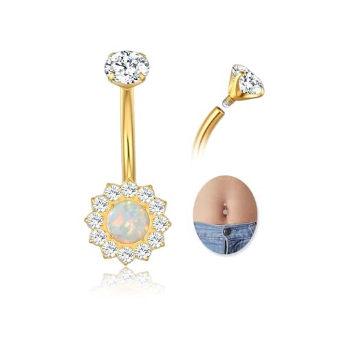 G23 Titanium Belly Button Ring 14G Golden Silvery Belly Ring for Women, Halo Internally Threaded Flower Opal Piercing Jewelry 8/10/12/14mm Barbell with Cubic Zirconia - color: 1PCS-Golden (12MM)-opal inlay CZ