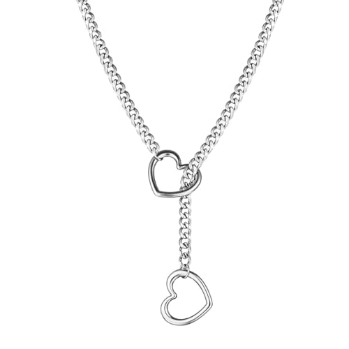 Artmiss Heart Slip Chain Necklace Cuban Long Chain Affection Link Necklace Submissive Collar Chokers for Women - color: Silver