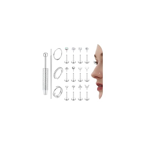 THUNARAZ 14K Gold Nose Rings Studs for Women Men Surgical Steel Threadless Push in Nose Piercings Flat Back Hypoallergenic Gold Nose Ring Hoop Stud Cartilage Tragus Conch Lip Helix Piercing Jewelry Gold/Silver 18G 20G - color: 14K White Gold, size: 20G 6M