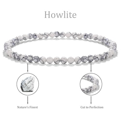 Natural Faceted Crystal Bracelet for Women,4mm Gemstone Round Beads Bracelets Adjustable Stretchy Healing Crystal Beads Bracelets Dainty Jewelry Gift - color: Howlite