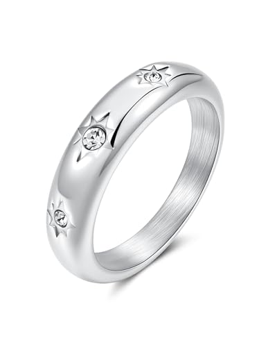 YeGieonr Gold Rings for Women Non Tarnish, 18K Gold Plated Stainless Steel North Star Signet Ring, Waterproof Dainty Pinky Statement Ring, Tarnish Free Gold Jewelry for Women - color: North Star Band Silver