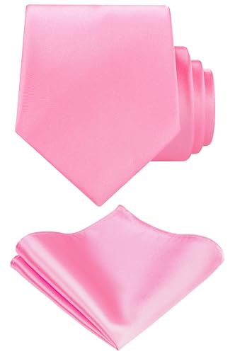 TIE G Solid Satin Woven dyed Color Formal Black Necktie and Pocket Square Sets in Gift Box - color: Hot Pink