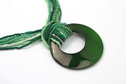 Coiris Multi Strand Statement Colorful Beaded Necklace with Big Circle Shell Pendant for Women - color: Dark Green
