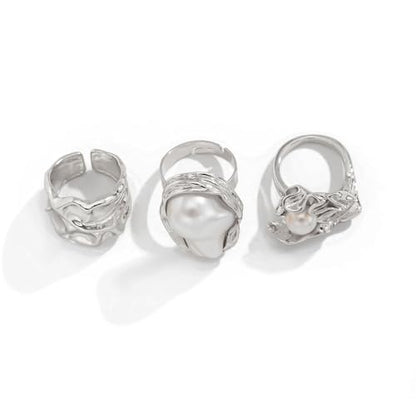 3/6 PCS Silver Chunky Pearl Rings Set for Women Gold Baroque Pearl Flower Open Ring Adjustable Crystal Large Ring Set Personalized Statement Knuckle Rings Fashion Costume Jewelry Accessories - color: silver