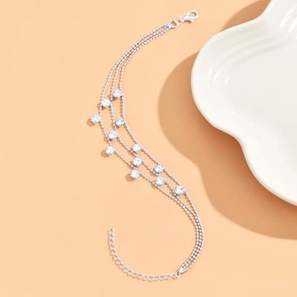 Fesciory Silver Ankle Bracelets for Women, Adjustable Rhinestone Pendant Tennis Anklet, Butterfly Heart Infinite Diamond Summer Beach Foot Chain Jewelry Gifts - style: 3Layered Diamonds1