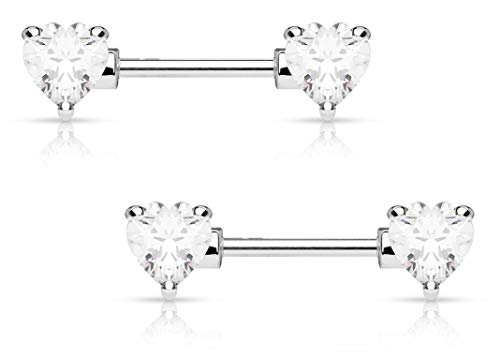 Forbidden Body Jewelry Pair of Surgical Steel 1/2-5/8 Inch (12-16mm) Cubic Zirconia Crystal Double Heart Nipple Barbells - style: Clear