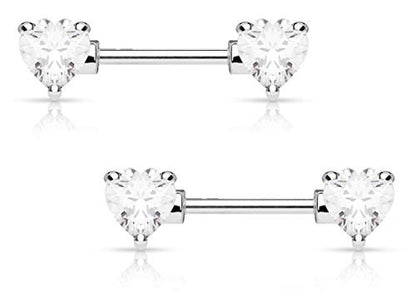 Forbidden Body Jewelry Pair of Surgical Steel 1/2-5/8 Inch (12-16mm) Cubic Zirconia Crystal Double Heart Nipple Barbells - style: Clear