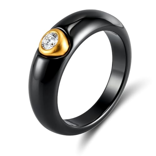 Women's Ceramic Wedding Band & Engagement Ring, Black/White - color: Black&Gold