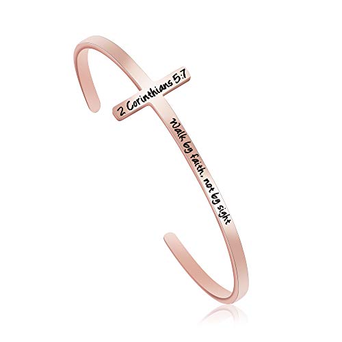 𝐂𝐫𝐨𝐬𝐬 𝐁𝐫𝐚𝐜𝐞𝐥𝐞𝐭 Religious Cuff Bangle 𝐁𝐢𝐛𝐥𝐞 𝐕𝐞𝐫𝐬𝐞 Christian Gifts Jewelry for 𝐖𝐨𝐦𝐞𝐧 - style: Rose gold-Walk by faith, not by sight -2 Corinthians 5:7