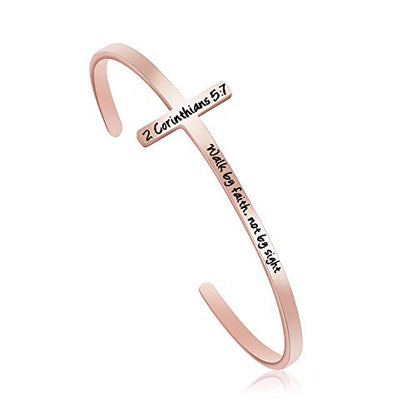 𝐂𝐫𝐨𝐬𝐬 𝐁𝐫𝐚𝐜𝐞𝐥𝐞𝐭 Religious Cuff Bangle 𝐁𝐢𝐛𝐥𝐞 𝐕𝐞𝐫𝐬𝐞 Christian Gifts Jewelry for 𝐖𝐨𝐦𝐞𝐧 - style: Rose gold-Walk by faith, not by sight -2 Corinthians 5:7