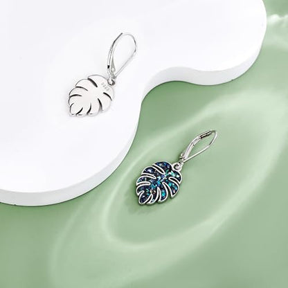 Monstera Earrings S925 Sterling Silver Leverback Palm Leaves Earrings Plant Dangle Drop Earring for Women Tropical Monstera Jewelry Gifts