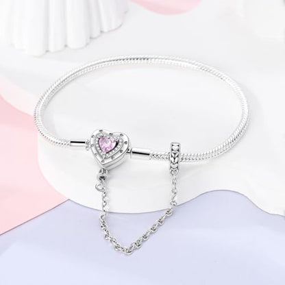 MULA 925 Sterling Silver Snake Chain Charm Bracelet Butterfly Heart Clover with 5A Cubic Zirconia Bracelets for Women - color: Pink Heart