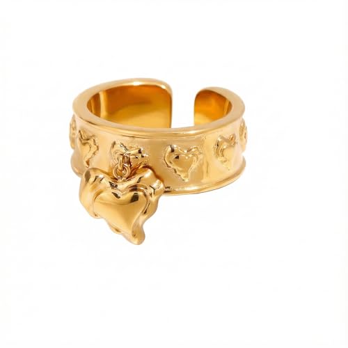 Unique Heart Dangle Statment Ring Stainless Steel Embossed Love Hearts Halo Open Stacking Rings Engagement Anniversary Eternity Band Comfort Fit Dainty Jewelry for Women Her Valentine's Day Size 6-8 - color: Gold, size: 6
