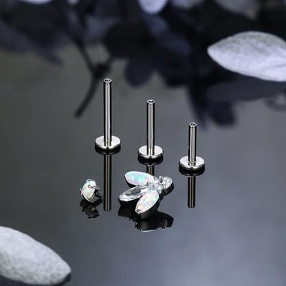 Titanium Flat Back Lip Rings Internally Threaded Earrings Studs Nose Rings 16G Opal CZ Tragus Cartilage Lobe Rook Helix Conch Labret Medusa Piercing Jewelry for Women Men W Piercing Taper Set - style: Four Opal