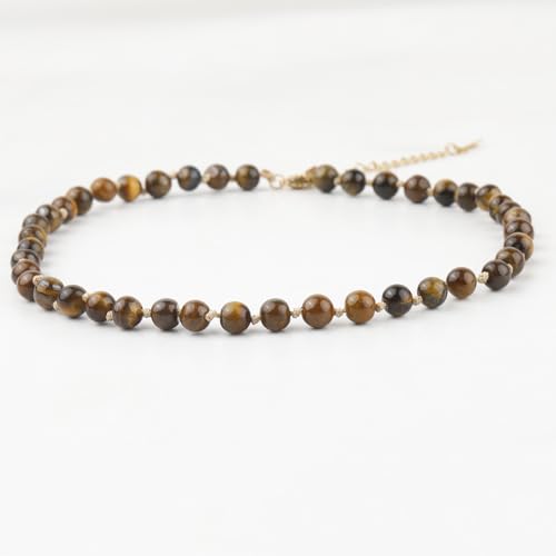 Semi Precious Stone Beaded Choker Necklace 14K Gold Plated Natural Stone Double Strand Necklace Layered Short Necklaces - color: Square Blue Spotted Stone