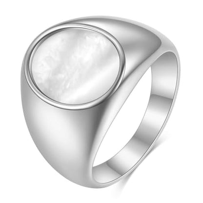 MYNENEY Stainless Steel Round Statement Pinky Signet Rings for Men Women - color: Silver+White
