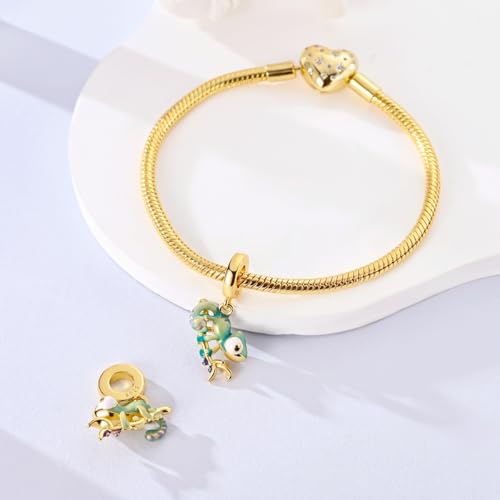 14K Gold Plated Charms for Bracelets Necklace Star Moon Cross Beads Woman | 925 Sterling Silver Charms Butterfly Cute Cat Dog Evil Eye Lucky Bracelet Beads Aesthetic Peandant Jewelry Gift for Mom - color: gold chameleon