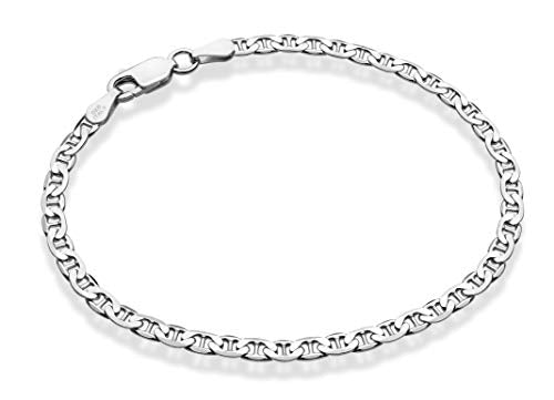 Miabella Italian Solid 925 Sterling Silver, 18Kt Gold Plated 3mm, 4mm Solid Mariner Link Chain Bracelet for Men Women, Made in Italy - color: sterling silver, size: 0.12 in width x 6.5 in length + 0.5 in ext