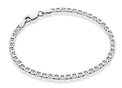 Miabella Italian Solid 925 Sterling Silver, 18Kt Gold Plated 3mm, 4mm Solid Mariner Link Chain Bracelet for Men Women, Made in Italy - color: sterling silver, size: 0.12 in width x 7.5 in length