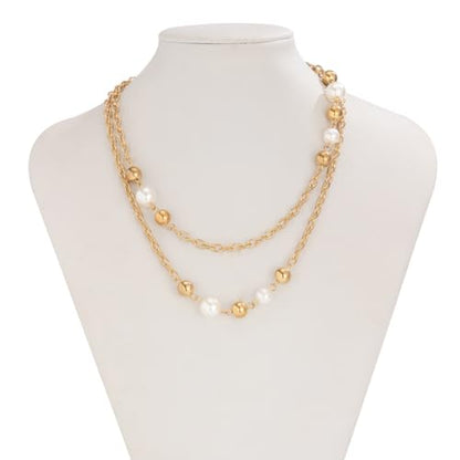 Long Pearl Necklaces for Women Pearl Long Chain Necklace Gold Chain Dainty Delicate Station Necklace Jewelry for Dress Party - color: Gold