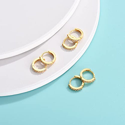 Silver Hoop Earrings for Women, 3 Pairs Small Sterling Silver Huggie Earrings | Tiny Cubic Zirconia Cartilage Cuff Earrings Hoop Piercing Jewellery for Men Teens (8mm/10mm/12mm) - color: 3 Pairs(8mm*3)-Gold