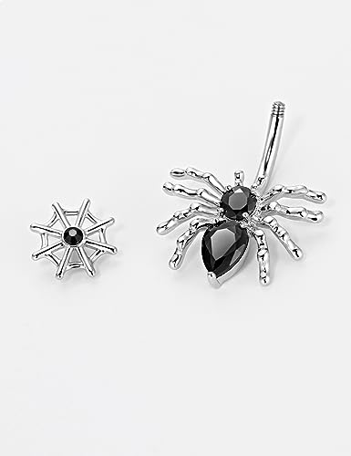 Belly Button Ring Dangle, Cross Belly Button Ring, Navel Piercing | 316L Surgical Steel, AAA+ Cubic Zirconia, Nickel-Free, Hypoallergenic, Multi-Style, 14 Gauge 10 mm Screw On Piercing Stud - style: Big Spider Black with a Net