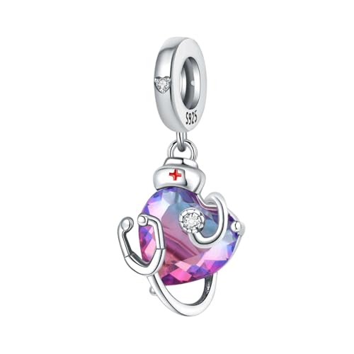 CYCUFF 925 Sterling Silver Charms Suitable for Charm Necklaces, Bracelet Pendants Beads Jewellery Gift for Women - color: Nurse Stethoscope Gradient Heart Charm