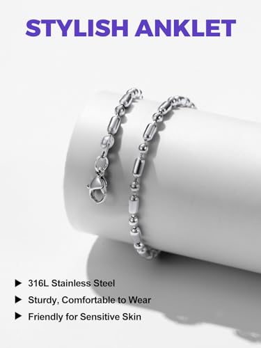 Richsteel Anklets for Women Cuban/Figaro/Spiga Wheat Chain Stainless Steel/18K Gold Plated Ankle Bracelet Beach Waterproof Foot Jewelry - color: Silver-Ball/Long Beaded Anklet