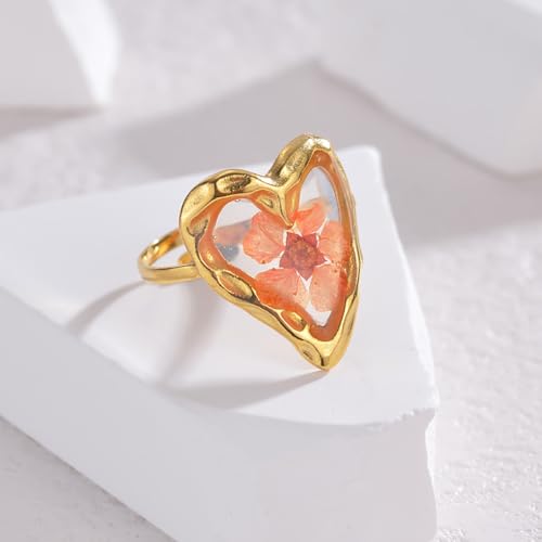 Hebelee Handmade Dried Flower Statement Ring for Women | Gold-Toned Stainless Steel,Adjustable,Pressed Blossom Forget-Me-Not Flowers Open Band Rings,Wedding Holiday Jewelry - color: Love Heart