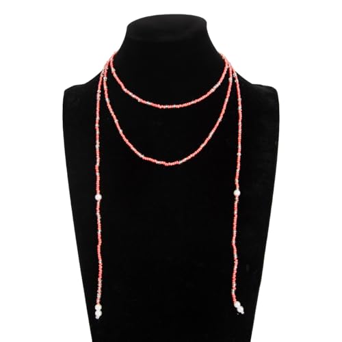 GYRMMUE Colorful Seed Bead Lariat Necklace for Women Boho Y Drop Beaded Choker Adjustable Multi Strand Wrap Necklaces Dainty Long Tassel Rice Bead Necklaces Everyday Party Jewelry - color: Pink