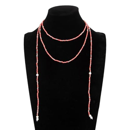 GYRMMUE Colorful Seed Bead Lariat Necklace for Women Boho Y Drop Beaded Choker Adjustable Multi Strand Wrap Necklaces Dainty Long Tassel Rice Bead Necklaces Everyday Party Jewelry - color: Pink