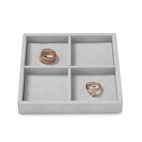 Microfiber 4 Grids Stackable Jewelry Display Trays Showcase | Jewelry Organizer Storage Trays Gray - size: 5.51" x 5.49" x 0.78"