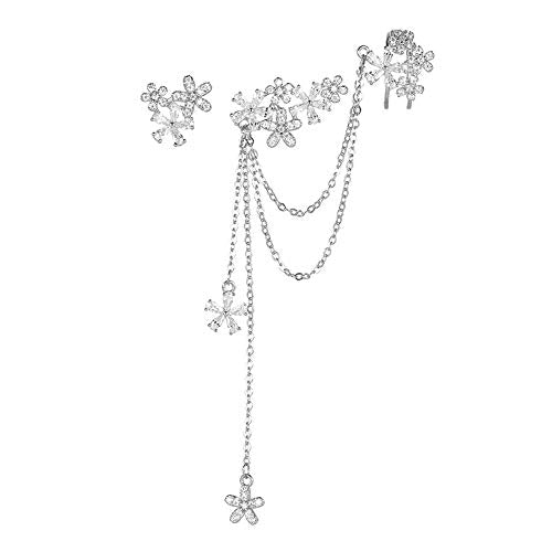Blossom CZ Flower Ear Cuff Wrap Clip On Clawler Climber Hoop 925 Sterling Silver Stud Chain Threader Tassel Asymmetric Earrings for Women Girls Sensitive Ear Elegant Gifts for Wedding Bff