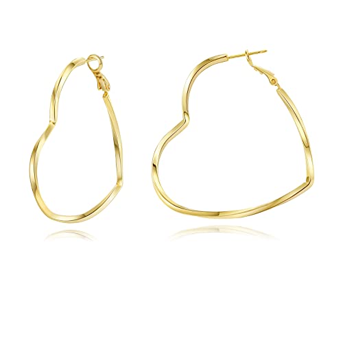 Trendy 14K Gold Plated Hoop Earrings for Women, Chunky Gold/Silver Earrings for Women Cubic Zirconia Baguette Hoop Earrings Heart Hoops Lightweight Hypoallergenic Jewelry,25mm/35mm/40mm/50mm - color: 07 Gold Heart Hoops 50mm