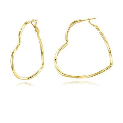 Trendy 14K Gold Plated Hoop Earrings for Women, Chunky Gold/Silver Earrings for Women Cubic Zirconia Baguette Hoop Earrings Heart Hoops Lightweight Hypoallergenic Jewelry,25mm/35mm/40mm/50mm - color: 07 Gold Heart Hoops 50mm