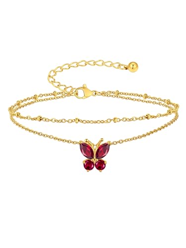 Suplight Gold Plated Butterfly Anklets for Women Waterproof, Layered Boho Ankle Bracelet with Birthstone, Stainless Steel Adjustable Non-Tarnish Heart Foot Jewelry Beach Vacation - color: 07. Butterfly-July. Ruby