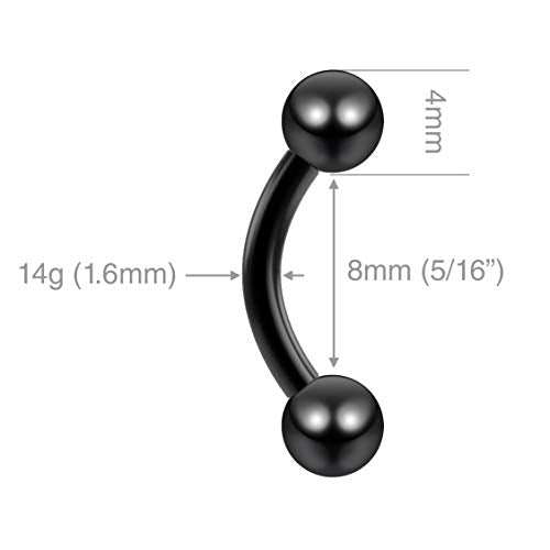 2pc Curved Barbell Daith Rook Conch Labret Helix Lip Ring Tragus Eyebrow Cartilage (choose Color, Gauge, Length) - color: Black - 8mm (5/16) - 14g