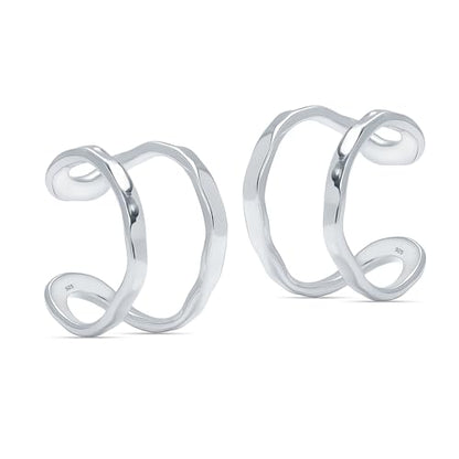 LeCalla 925 Sterling Silver Cuff Earrings for Women | Non-Piercing Fake Helix Cartilage Cuff Earrings | Hammered Ear Cuff-Set for Non-Pierced Ears | Cartilage Earring Silver Ear Clips Jewelry 12MM