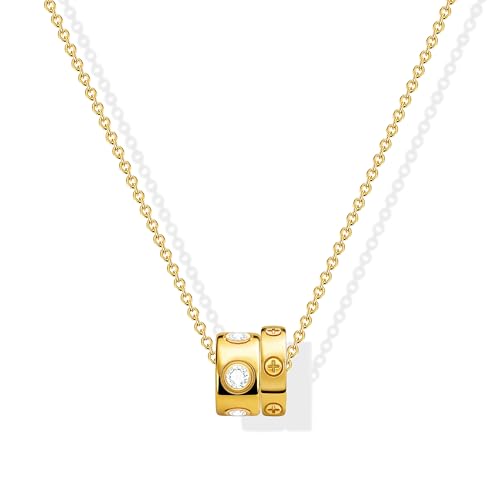 OGD Layered CZ Rondelle Pendant Necklaces for Women, 14K Gold Plated Trendy Mariner Chain Dainty Circle Rondelle Pendant Choker Necklace for Women Two-Toned Cubic Zirconia Gold Necklace - color: Two Pendant-Gold