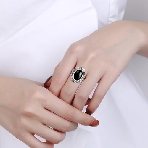 Natural Oval Stone Boho Ring,Retro Antique S925 Sterling Silver Crystal Quartz Gemstone Bohemian Statement Handmade Ring Jewelry for Women Her - color: B05_Black Agate