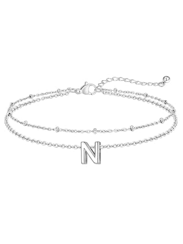 FaithHeart Initial Ankle Bracelets for Women, Waterproof 14k Gold Plated Initial Anklets Non Tarnish Stainless Steel Cute Layered Anklet Summer Beach Jewelry - color: Silver, size: Initial N
