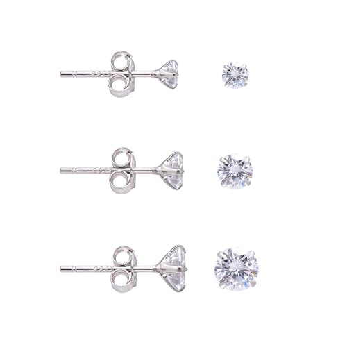3 Pairs Color Zirconia Earrings Studs, Sterling Silver Studs Earrings Set 3MM 4MM 5MM - color: Colorless