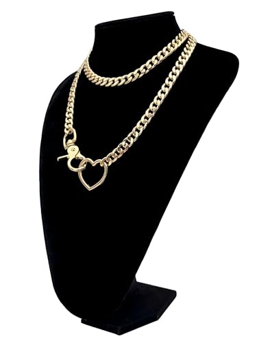 paloli Women's Slip Chain Rainbow Heart O-Ring Chunky Chain Necklace, Rays Cuban Long Layered Jewelry, Adjustable Lariat Y-Necklace Heart Loop Choker - color: B-Heart-Gold