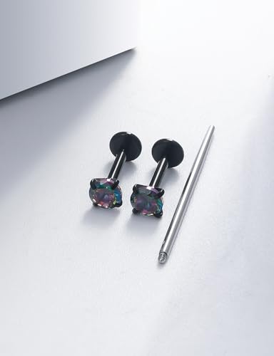 18G 16G 14G Internally Threaded Nose Rings Studs Flat Back Earrings Surgical Steel CZ Nose Rings Stud Tragus Helix Conch Cartilage Earrings Stud Piercing Jewelry For Women Men Hypoallergenic - color: Black-Rainbow CZ, size: 14 Gauge-8mm Bar-4mm CZ